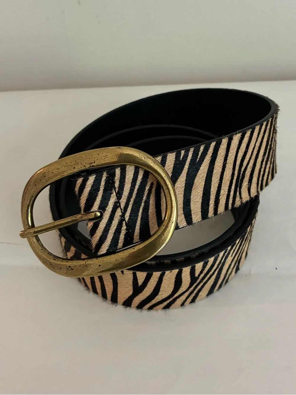 Anthropologie Zebra-Print Brown Leather Belt with Gold Oval Buckle S EUC